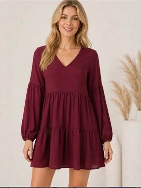 MISSLOOK Burgandy Red Wine V-Neck Tiered Babydoll Long Sleeve Dress R $49